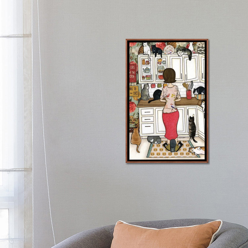 « Feed the Cats » par Jamie Morath-impression, Pas de tapis, H 26 po x l 18 po x 1,5 po, Toile classique avec cadre brun