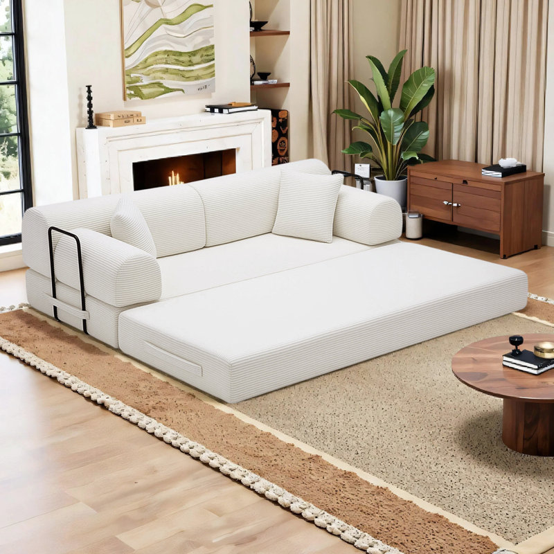 5-in-1 Convertible Sofa Bed - No Assembly Required, 78.7" Oversized Sleeper Sofa, FrameLess Boneless Couch & Removable Washable Corduroy Covers, Includes 2 Pillows, Beige