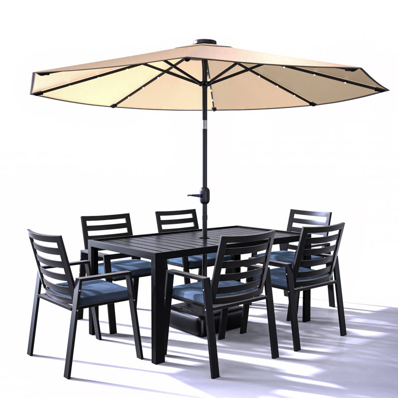 Letendre 7-Piece Outdoor Dining Set Rectangular Dining Table with Slats and 6 Arm Chairs in Aluminum, Charcoal Blue