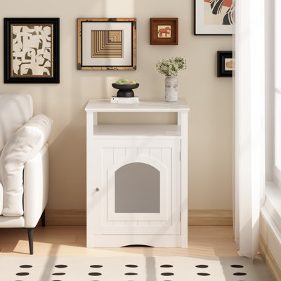 Cat Litter Box Enclosure Furniture, Indoor Wooden Cat House with Enclosed Cabinet, Hidden Litter Box Furniture with Storage Shelf, Modern Cat Condo Side Table for Living Room or Bedroom – White