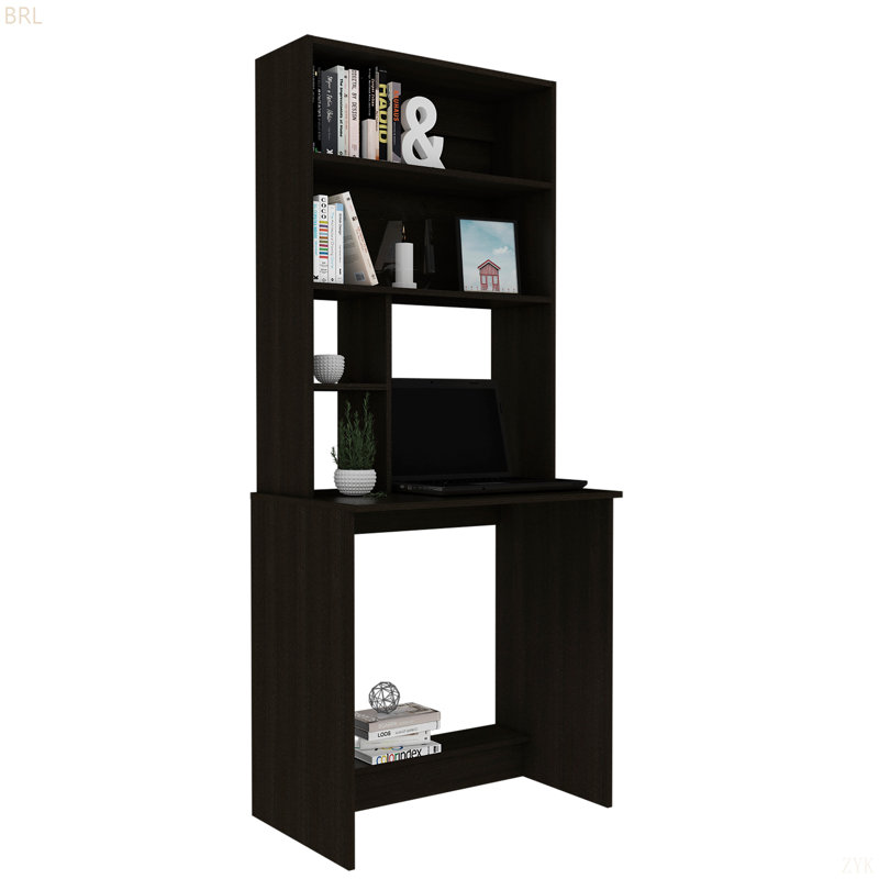 Black Wengue 4-Shelf Computer Desk With Hutch
