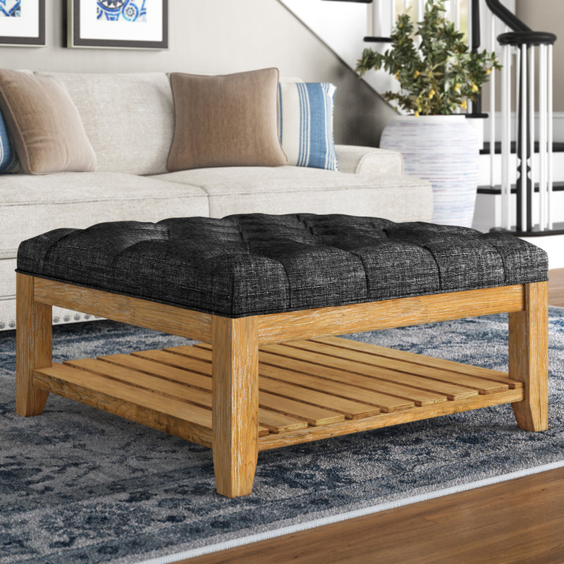 Arthuro Upholstered Ottoman, Heathered Dark Grey Linen, Natural