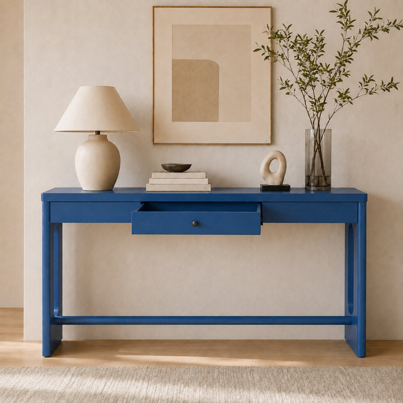 Console de style rustique rétro avec placage de chêne, un tiroir et pieds ovales ajourés, idéale pour une entrée, un couloir, un salon ou comme dossier de canapé.
