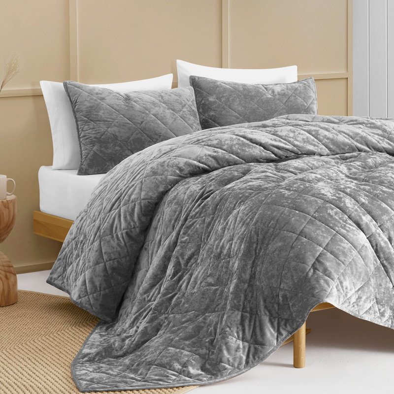 Gray Velvet Diamond Quilt Set Full-Queen