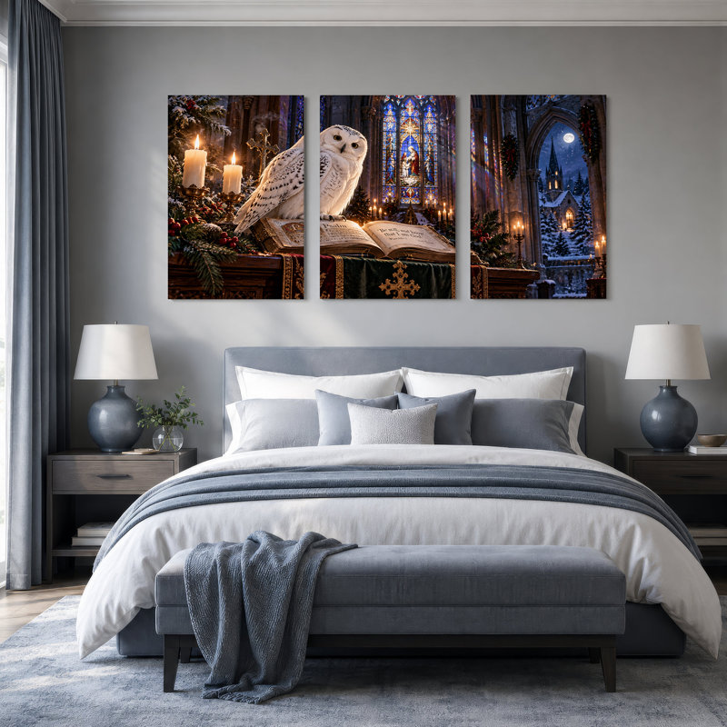 «Snowy Owl on Open Bible in St vitra», ensemble de 3 toiles murales, L 60 po x H 30 po au total - 3 panneaux