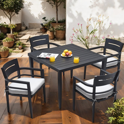 Ember Black 5 Outdoor Dining - 40" Square Table With Umbrella Hole & 4 Chairs Fabric Cushions Stable Structure Furniture Notable Design