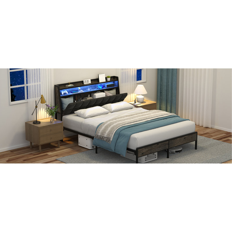 Cadre de lit, tête de lit ergonomique avec rangement multi-espace, cadre de lit avec station de charge à DEL RVB, Lit double
