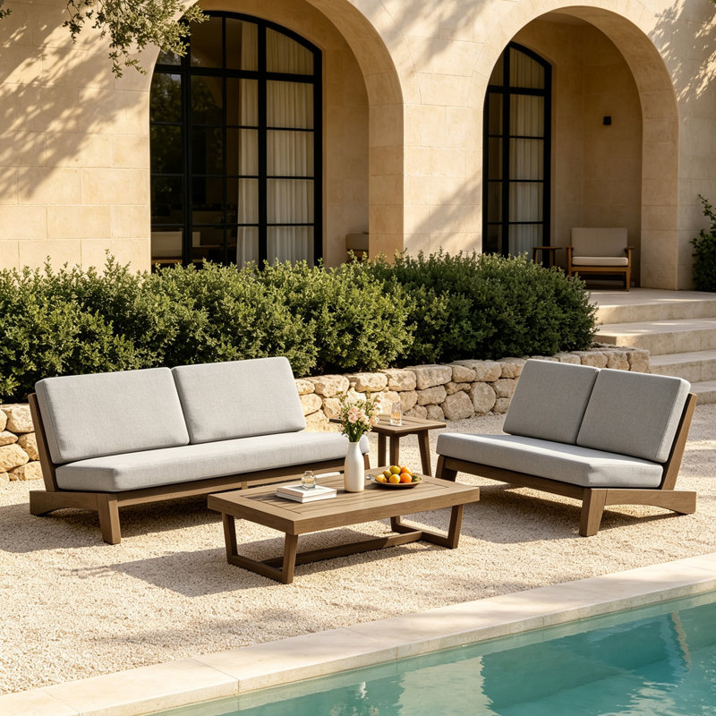 Ensemble de conversation extérieur Polett en bois massif, 4 Pcs: 2 Tables, Loveseats, Sofa, Chameau clair, Brun