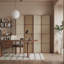 4 panneaux beige, rotin brun et paravent en bois massif-1843227502-1843227500