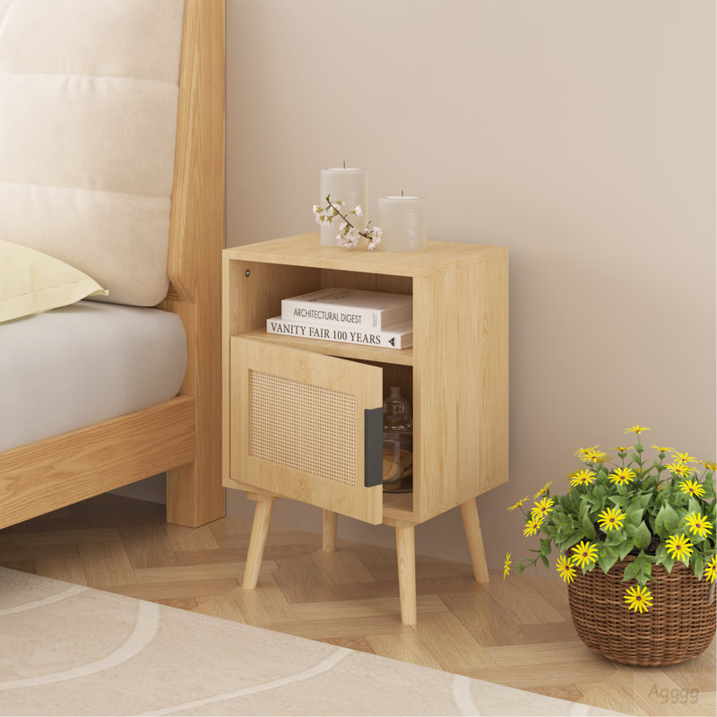 Table de chevet en rotin de 22,83 po de hauteur, table d'appoint avec porte ouverte, table de chevet décorative avec pieds en bois massif pour chambre à coucher, dortoir et petits espaces, chêne