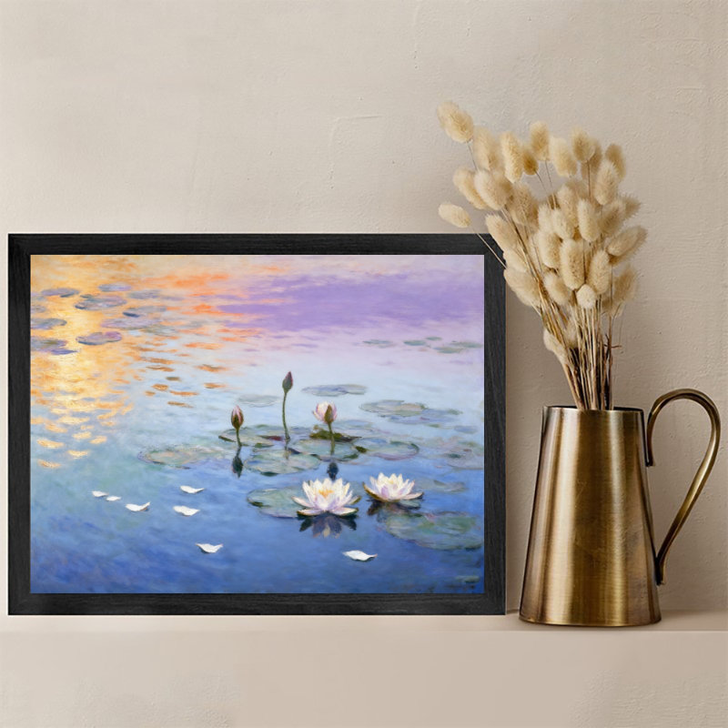 Reproduction d'art encadrée noire de fleurs de glycine rétro reflétée sur l'eau, H 25 po x l 17 po