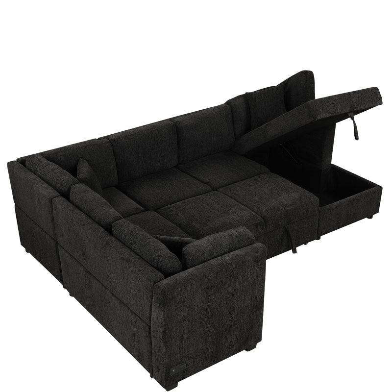 Canapé modulaire en U 108,6 po avec fonction de lit, rangement, 2 ports, prises de courant, méridienne de rangement en chenille noire et pour la maison
