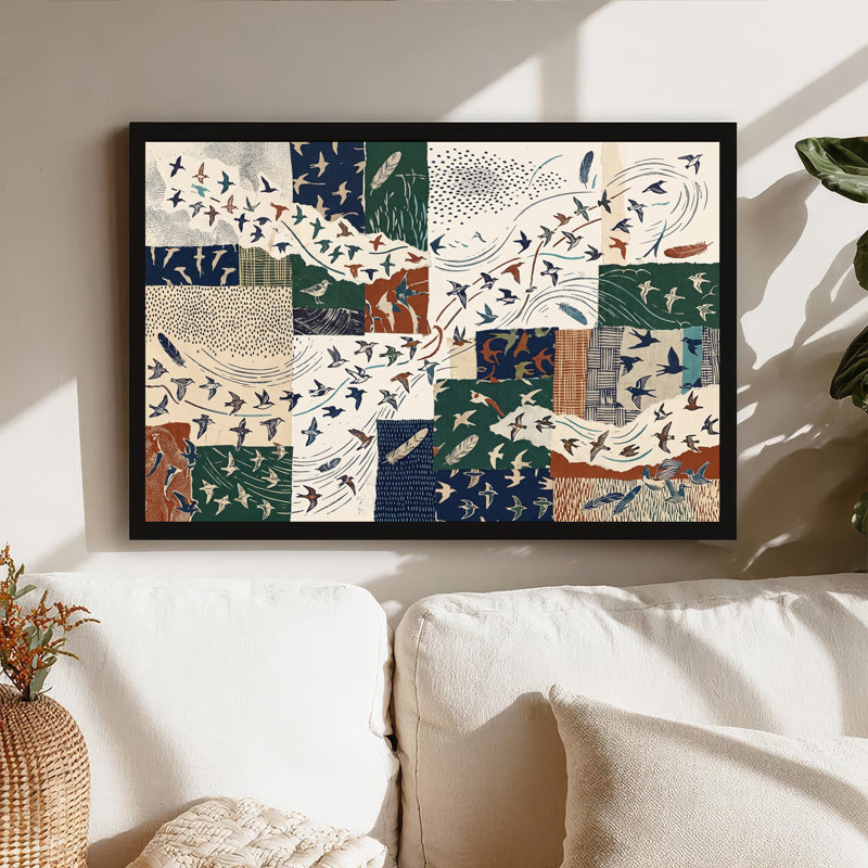«Flocking Birds and Feathers in Earth Tone Patchwork», art mural, H 16 po x l 24 po