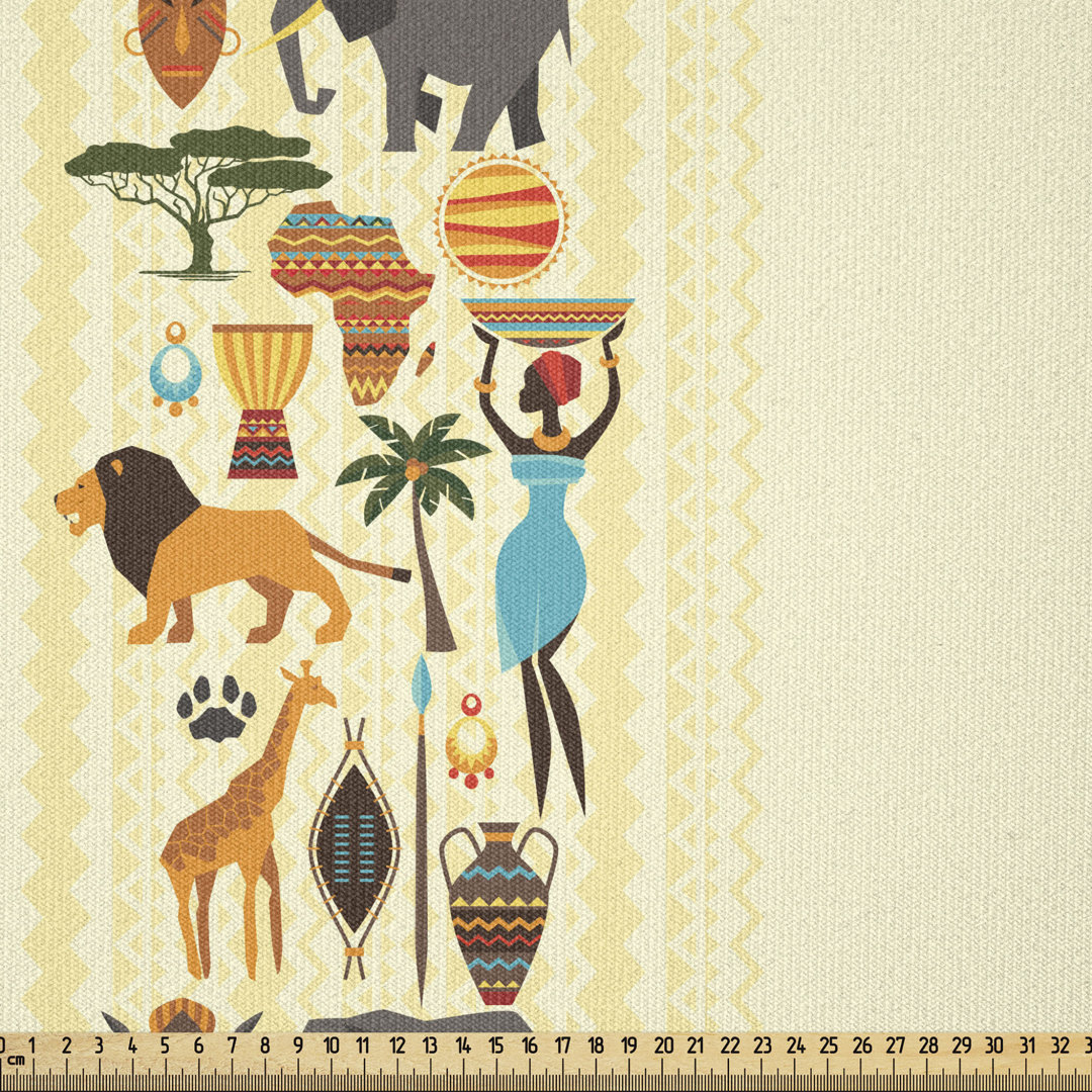 Ambesonne African Fabric By The Yard, Dark Continent Elements Woman Of Color Carrying Water Lion East Urban Home 