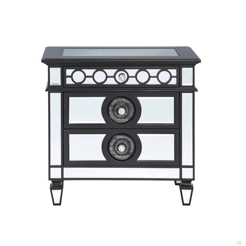 Table de chevet avec 2 tiroirs, meubles en bois 1Pc, Noir / argenté
