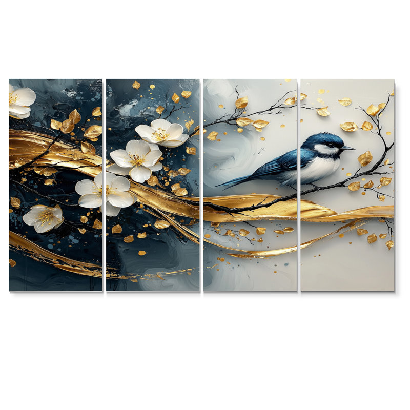 Oiseau bleu et doré sur une branche de cerisier en fleurs - ensemble d'art sur toile Cherry Blossom, H 28 po x l 48 po