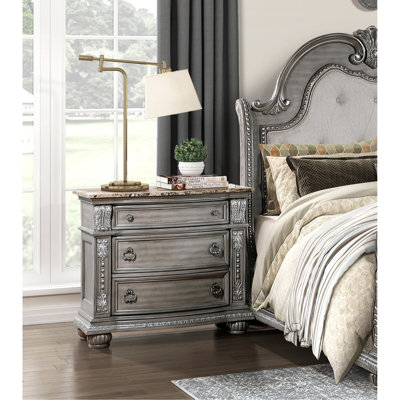 Table de chevet luxueuse 1 pièce de style traditionnel avec 3 tiroirs et plateau en marbre avec finition argentée