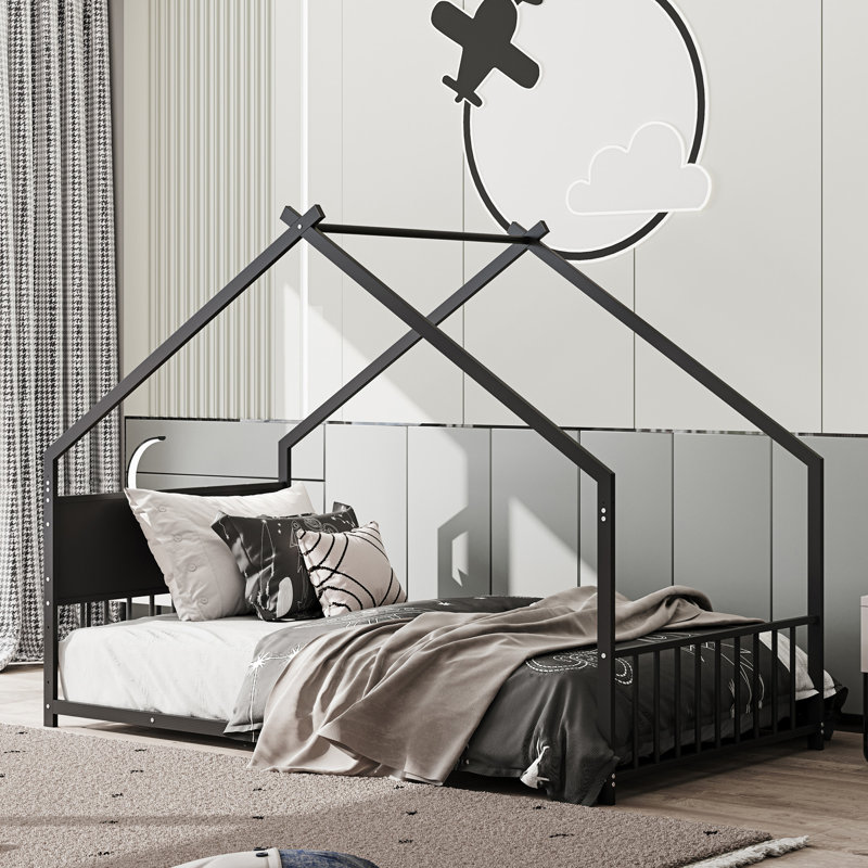 Twin Size House Bed With Roof And Colorful Lights, Metal Bed Frame With Slats And Legs, House Bed For Boy, Girls And Young Teens, No Box Spring Needed (Black)