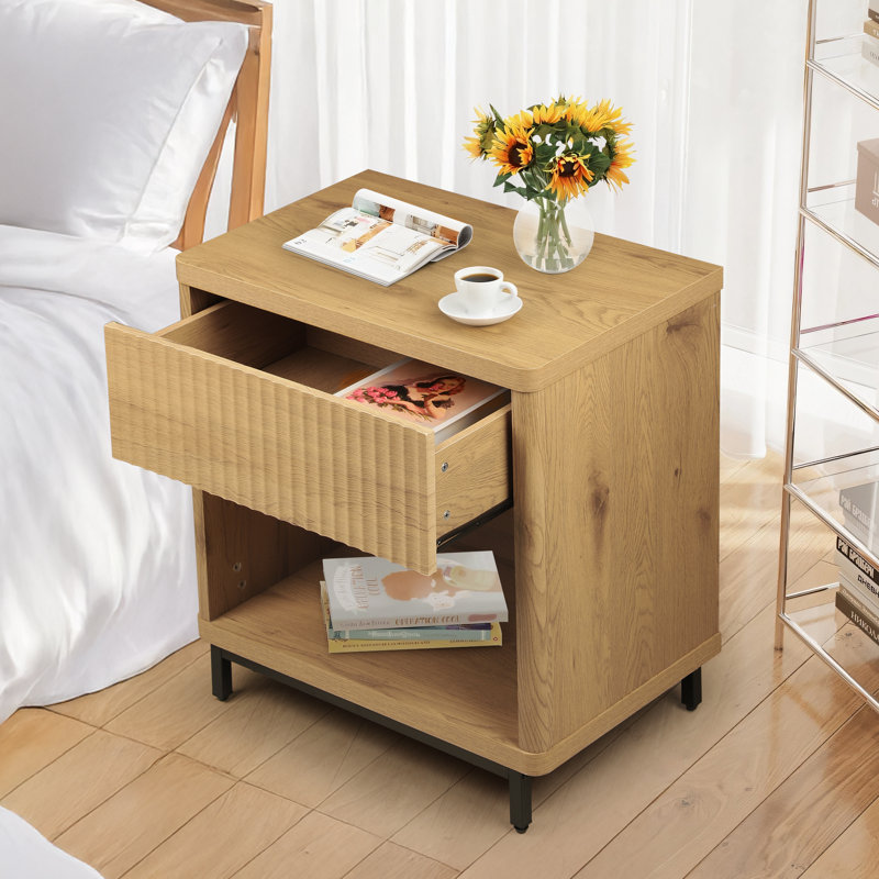 Natural Oak Fluted Nightstands with Drawer Storage and Metal Legs