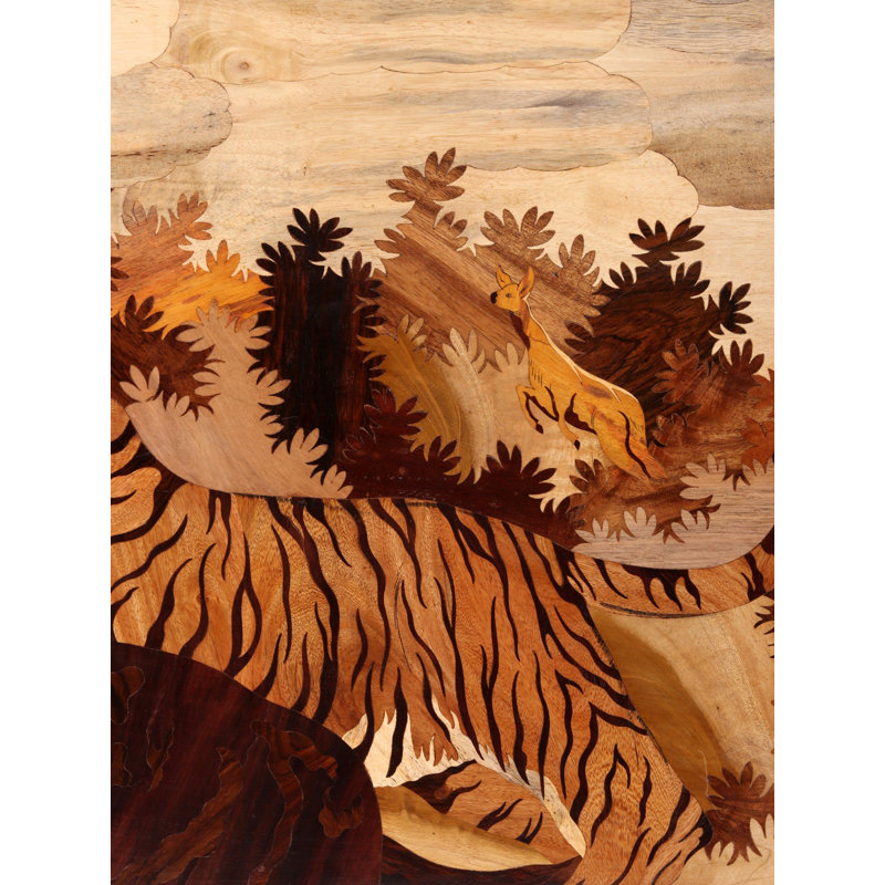Tigre sculpté à la main, art mural en bois 3D, scène de la faune de 48 pouces avec incrustation