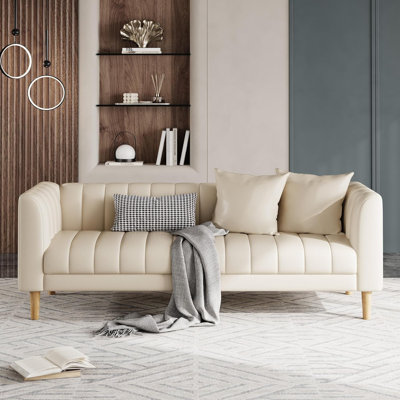 Canapé en similicuir, canapé moderne l 78 po avec sièges profonds, canapé 3 places avec 2 coussins décoratifs et pieds en bois, facile à assembler pour le salon, la chambre à coucher