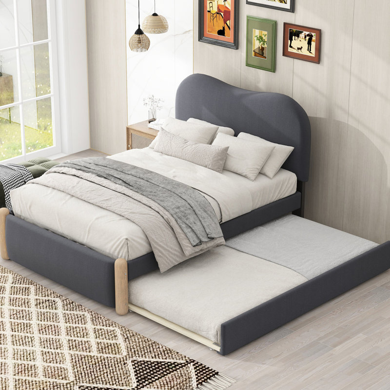 Lit simple gris avec plateforme rembourrée et lit gigogne portatif, sans sommier, pratique pour les invités, Lit simple, Gris
