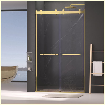 Porte de douche coulissante double sans cadre, l 44-48 po x H 75 po, verre trempé transparent de 5/16 po (8 mm), conception silencieuse à fermeture en douceur, facile à nettoyer, finition dorée brossée pour la salle de bain