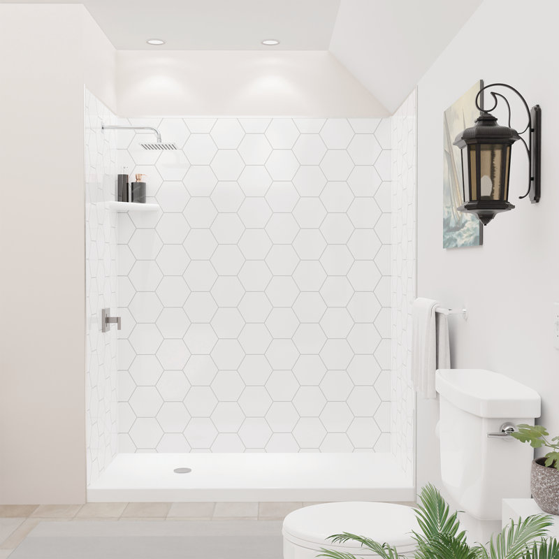 White and Gray Hexagon 60" x 36" x 80" Shower Wall Surround with Nickel Trim