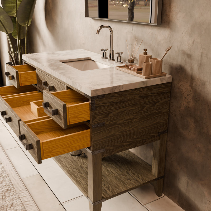 48" Single Bathroom Vanity Set, White Carrara Marble, Gray Oak