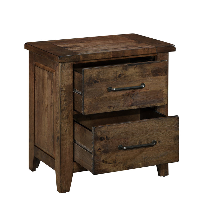 Table de chevet en bois d'hévéa massif avec touche rustique - 2 tiroirs, finition brunie, table d'appoint de style transitionnel classique