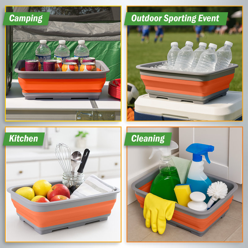 Collapsible Multiuse Wash Bin- Portable Wash Basin/Dish Tub/Ice Bucket with 7.27L Capacity, Orange