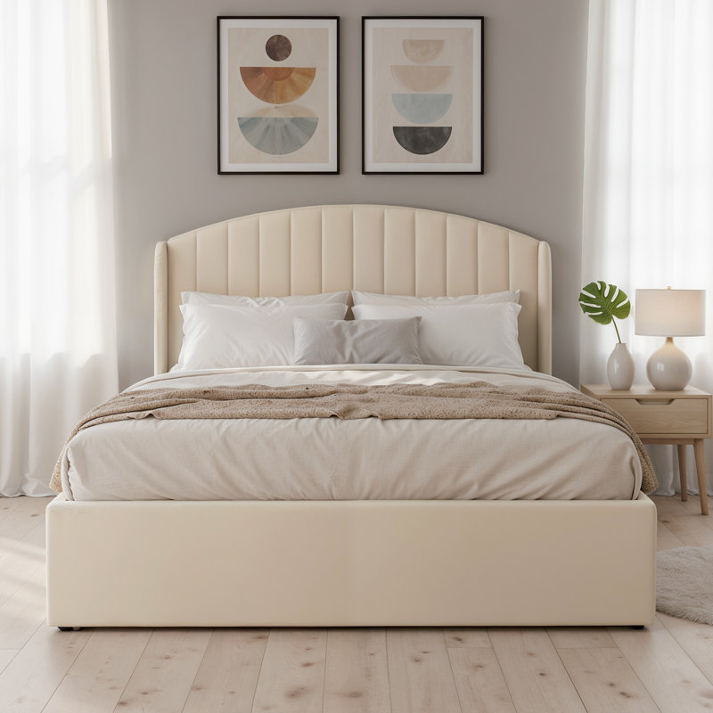 Balcer Upholstered Ottoman Lift Up Storage Bed, Beige , Jade