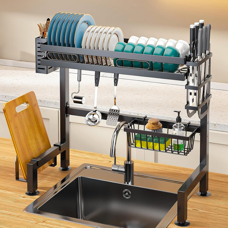 Séchoir à vaisselle au-dessus de l'évier, étagère de cuisine en acier inoxydable de grande capacité avec porte-ustensiles et pieds antidérapants pour un drainage efficace et un rangement peu encombrant