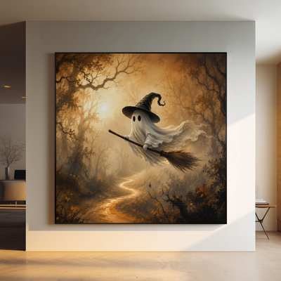Très grand reproduction d'art sur tissu - Chemin de forêt fantastique avec décor de scène d'Halloween fantôme volant pour le salon ou la chambre à coucher «Assemblage requis (cadre non fini)»