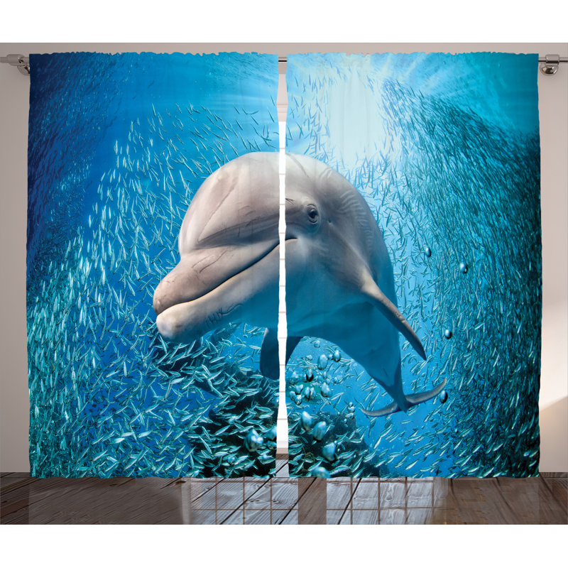 Dolphin in Ocean Decor Nautical Semi-Sheer Rod Pocket Curtain Panels, 54" W x 90" L