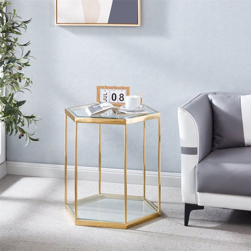 Table de bout en verre, table d'intérieur, table de chevet, table de chevet avec cadre en acier inoxydable, Doré