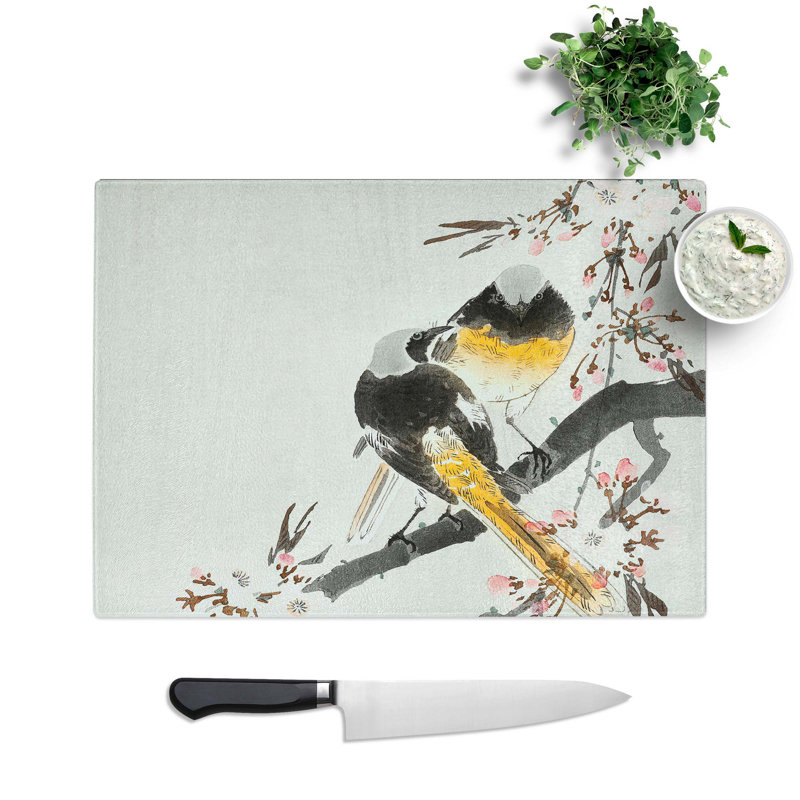 Tempered Glass Two Sable Red Tails and Cherry Blossom by Ohara Koson Chopping Board, 28.5 cm W x 20 cm L