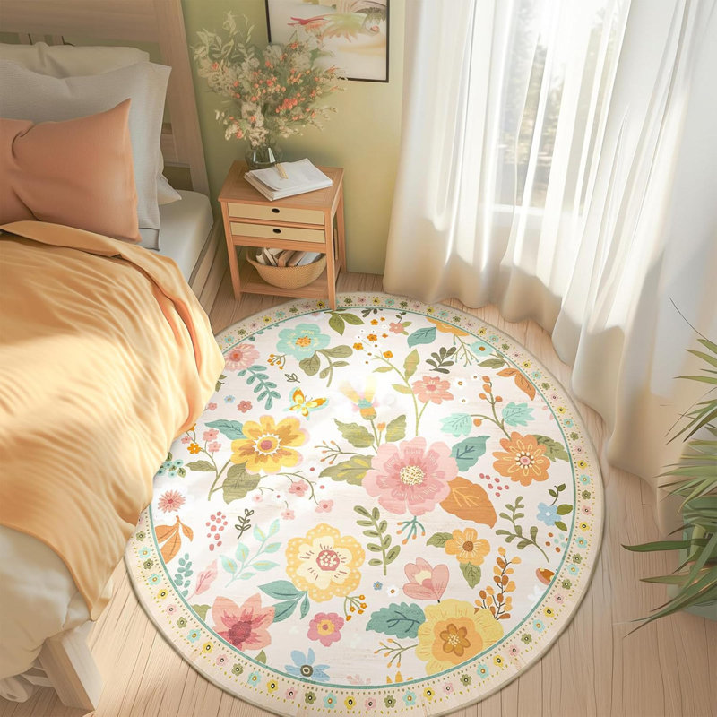 6Ft Beige/White/Orange Floral Boho Rug Machine Washable Non-Slip Low Pile Carpet For Nursery Kids Room, Round 6'