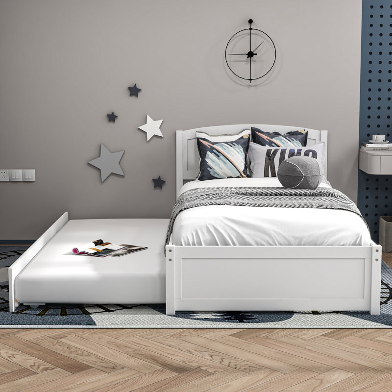 Lit plateforme simple en bois massif avec lit gigogne, Blanc