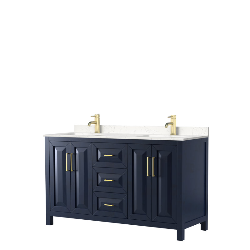 Daria 60'' W Double Vanity, Carrara Cultured Marble, Dark Blue, Brushed Gold