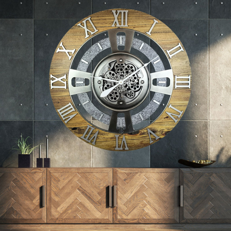 Oversized Wood and Stone Industrial Wall Clock with Real Moving Gears