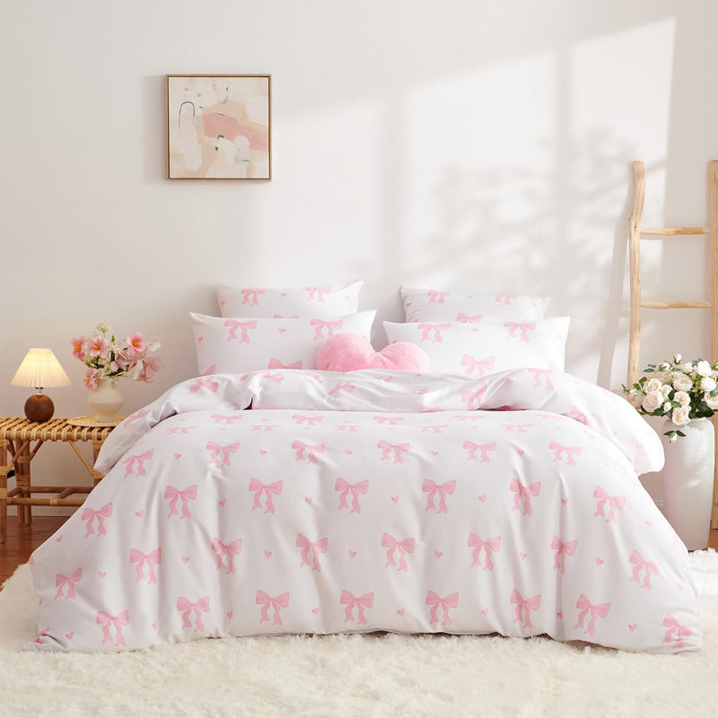 Pink Bow Heart Comforter Set Fantasy Coquette Bowknot Bedding Trendy Pink Bow Bed Sets For Preppy Princess Fashion Modern Aesthetic Girly Cute Quilt Set