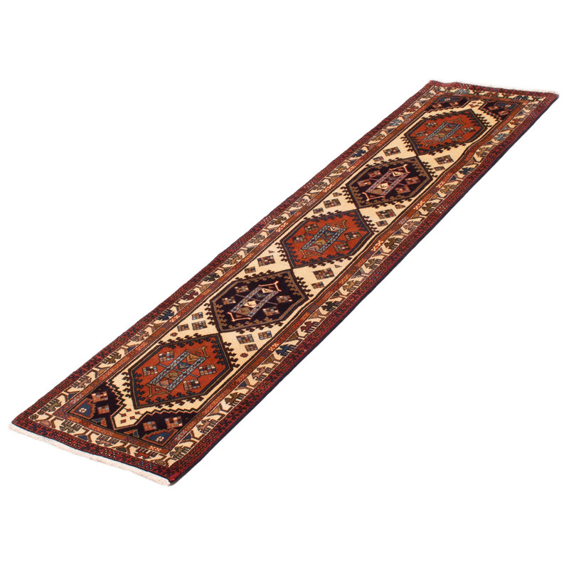 Tapis de couloir unique en laine noué à la main de style nouvel âge 2 pi 4 po x 9 pi 6 po Jesse-James crème / rouge / bleu marine foncé