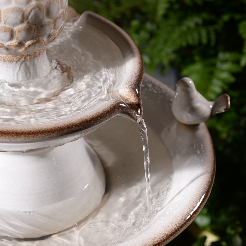 2-Tier Ivory Ceramic Bird Bath Fountain, Decorative Water Fountain with LED Lights and Quiet Pump, Indoor Outdoor Water Feature for Patio, Garden, Deck, Balcony, Office and Home Décor, Relaxing Cascading Water Design