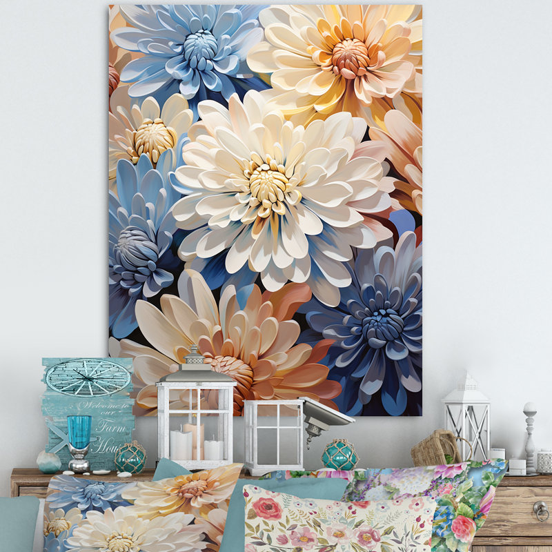 «Garden Bliss Mums» en blanc et bleu sur toile, Toile tendue, H 32 po x l 24 po x P 1 po