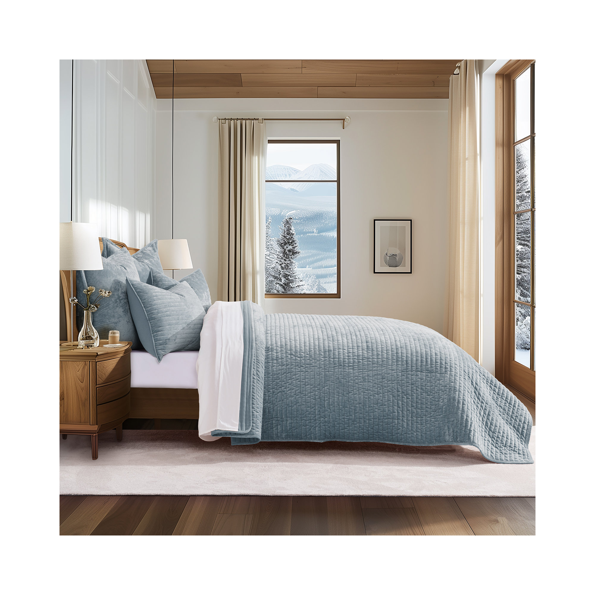 Luxe Velvet Channel Quilt Set, Blue Linen, Queen
