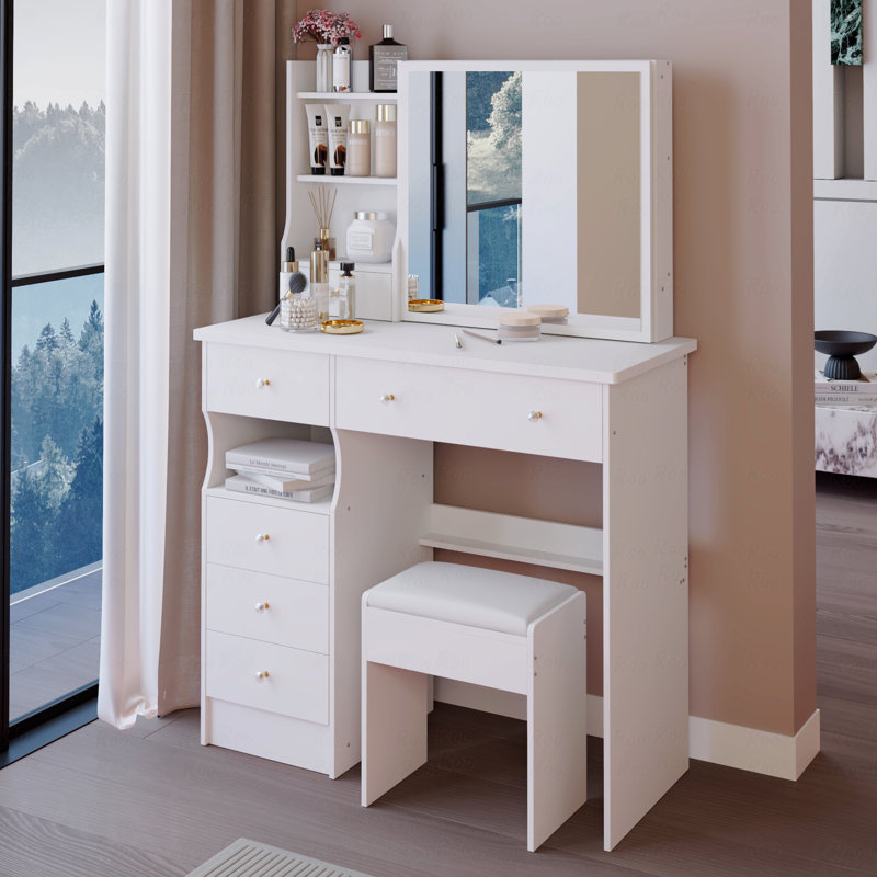 37" Middle Size Left Drawer Desktop Vanity Table + Cushioned Stool, Extra Large Right Sliding Mirror, Multi Layer High Capacity Storage, Practical Fashionable Dresser, Suitable For Large Space