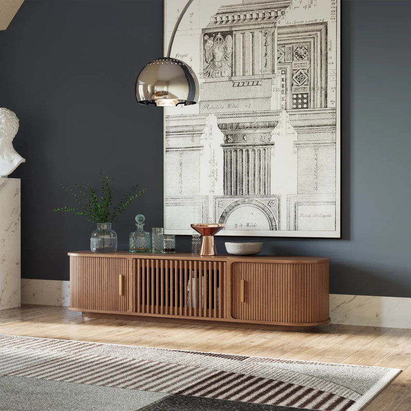 Meuble télé Mid-Century moderne à porte tambour, entièrement assemblé, Brun, H 16,54 po x L 70,87 po x l 15,75 po