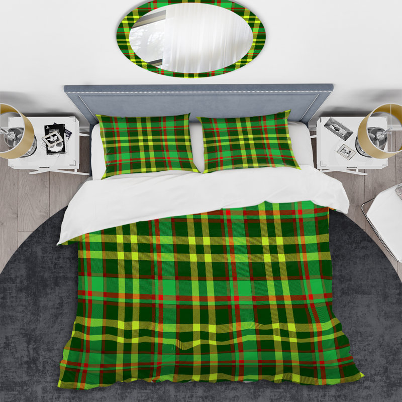 Green And Black Checked Tartan Polyester Plaid Duvet Cover, Twin Duvet Cover + 1 Standard Sham