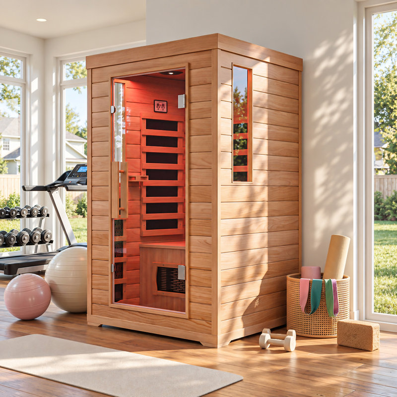 Sauna infrarouge lointain à faible champ électromagnétique pour une personne, sauna de 1760 W avec 6 éléments chauffants, luminothérapie 7 couleurs et bois massif de qualité supérieure, pour une détente et un bien-être optimaux.